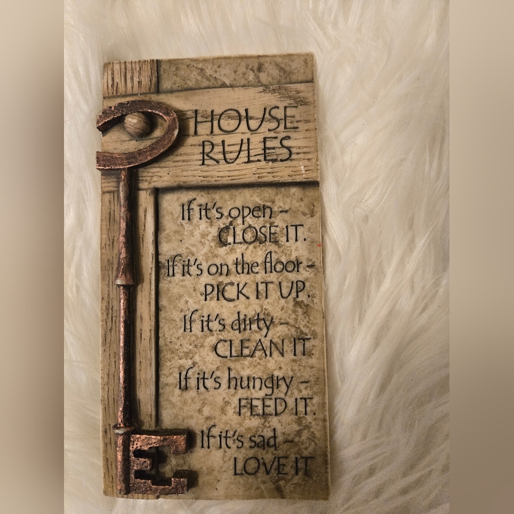 Six House  Rules Wall Art  Decor  Vintage 2008 Stone Plaque House Rules with Key